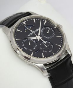 Jaeger LeCoultre Master Ultra Thin Perpetual Calendar Automatic in Stainless Steel, black index dial with subdials for day date and month phases of the moon ,Year indicator. on a JLC Black Aligator Strap and JLC Deployant Buckle  Ref: Q1308470, Ca 2022