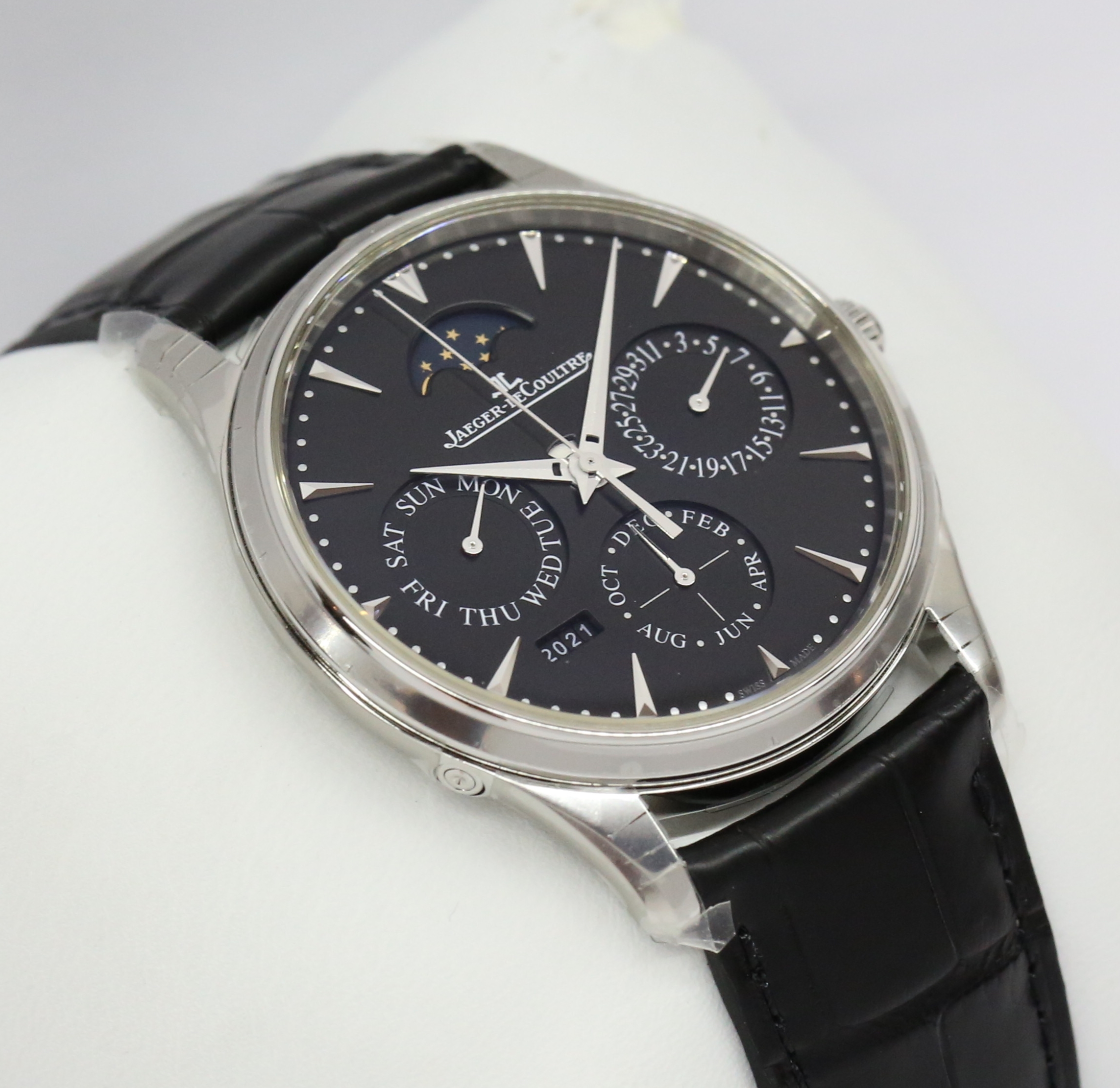 Jaeger LeCoultre Master Ultra Thin Perpetual Calendar Automatic in Stainless Steel, black index dial with subdials for day date and month phases of the moon ,Year indicator. on a JLC Black Aligator Strap and JLC Deployant Buckle Ref: Q1308470, Ca 2022