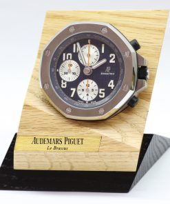 Audemars Piguet Royal Oak Offshore Desk Clock, Navy Tapisserie Dial, Stainless Steel on AP Wooden Stand, Reference: MG.CD.AC.AP0100.022.16, Circa: 2017, With Box & Papers
