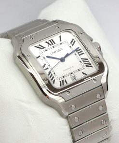 Cartier Santos de Cartier Large, Stainless Steel, White Roman Dial on Cartier Stainless Steel bracelet, with addtional Cartier Calfskin Leather Strap and Cartier Folding Buckle Reference: WSSA0018, Ca, 2022, Box and Papers