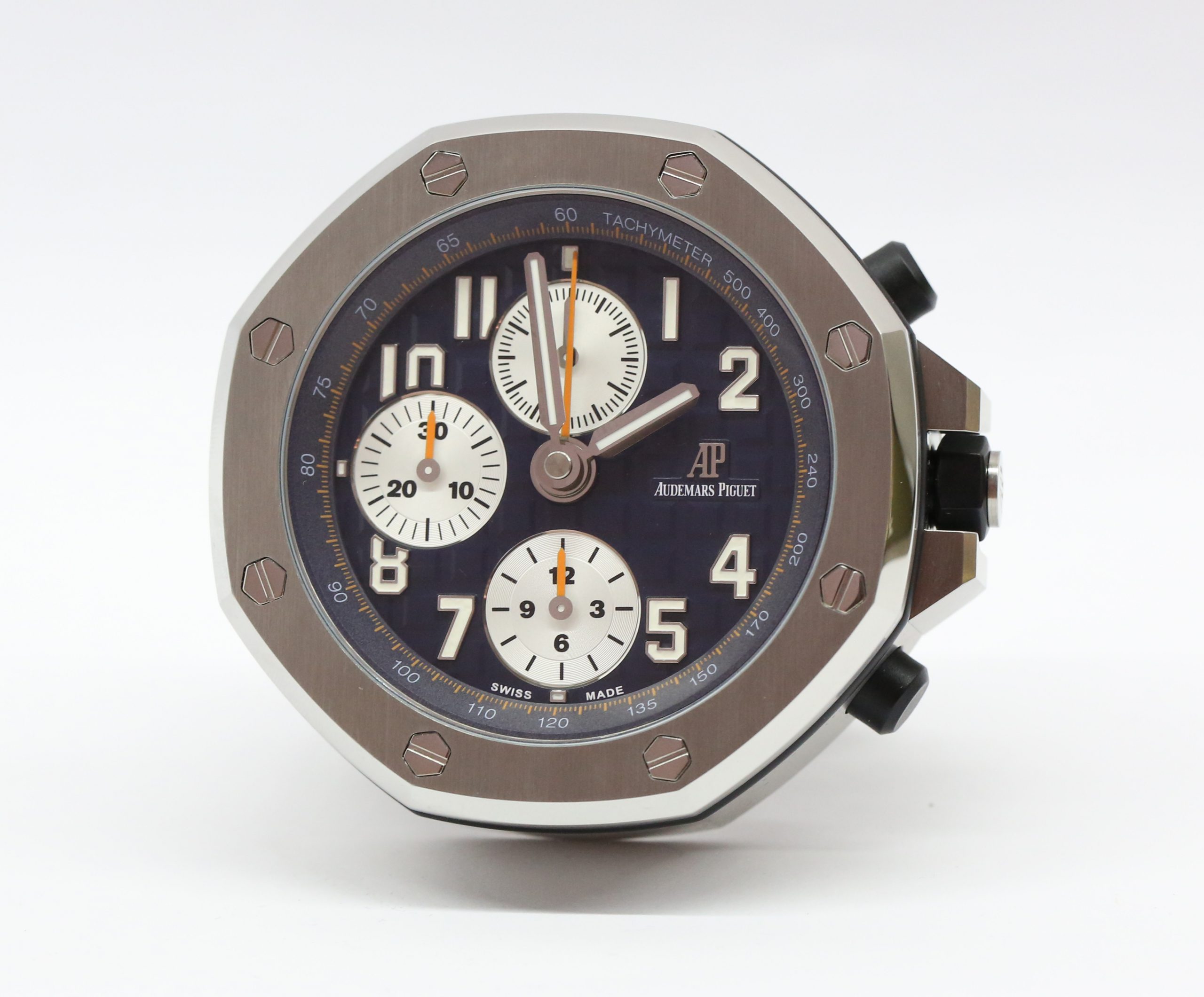 Audemars Piguet Royal Oak Offshore Desk Clock, Navy Tapisserie Dial, Stainless Steel on AP Wooden Stand, Reference: MG.CD.AC.AP0100.022.16, Circa: 2017, With Box & Papers - Image 3
