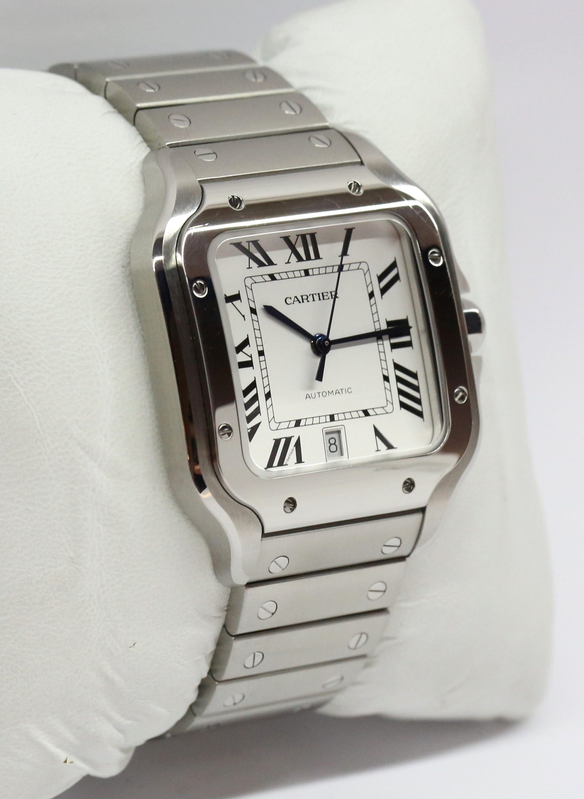 Cartier Santos de Cartier Large, Stainless Steel, White Roman Dial on Cartier Stainless Steel bracelet, with addtional Cartier Calfskin Leather Strap and Cartier Folding Buckle Reference: WSSA0018, Ca, 2022, Box and Papers - Image 4