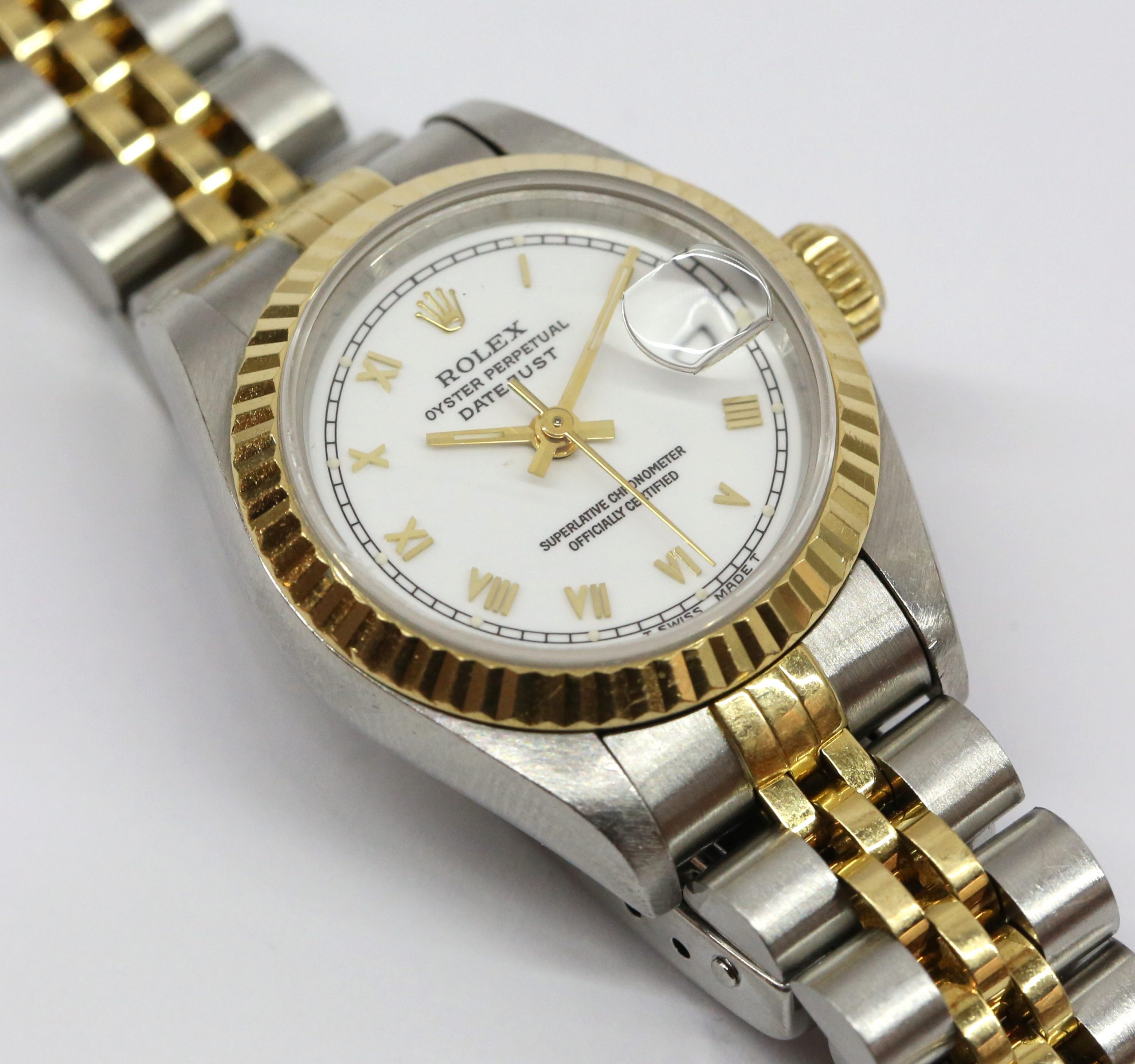 Rolex Datejust 26mm 18ct Yelow Gold & Stainless Steel, White Roman Dial on Rolex Jubilee Bracelet, Reference: 69173, Circa: 1995, with Box