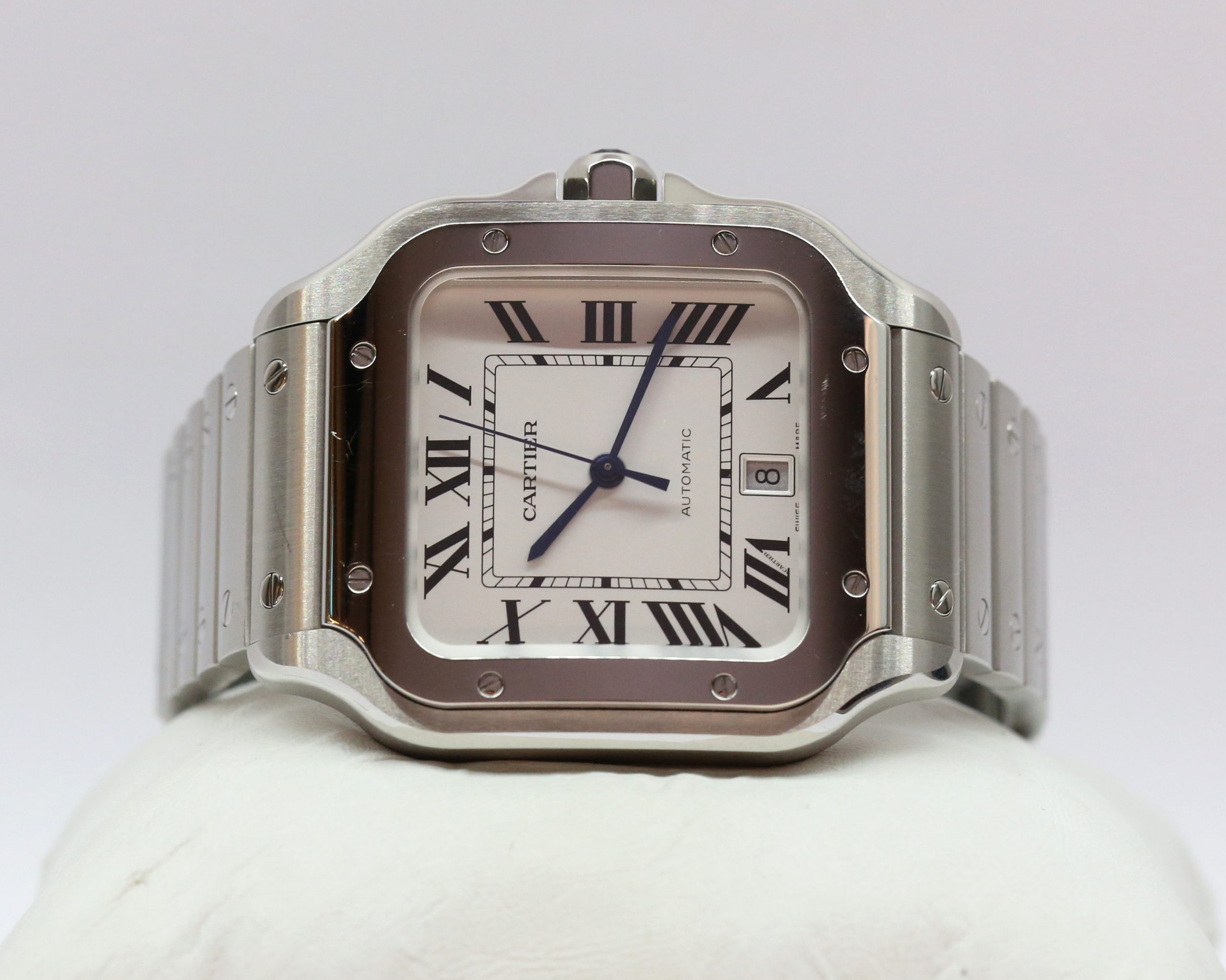 Cartier Santos de Cartier Large, Stainless Steel, White Roman Dial on Cartier Stainless Steel bracelet, with addtional Cartier Calfskin Leather Strap and Cartier Folding Buckle Reference: WSSA0018, Ca, 2022, Box and Papers - Image 3
