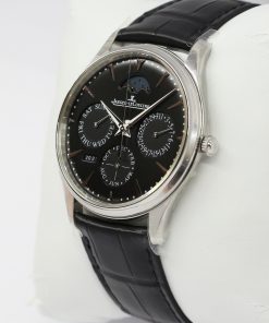Alternative view of Jaeger LeCoultre Master Ultra Thin Perpetual Calendar Automatic in Stainless Steel, black index dial with subdials for day date and month phases of the moon ,Year indicator. on a JLC Black Aligator Strap and JLC Deployant Buckle  Ref: Q1308470, Ca 2022