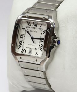 Alternative view of Cartier Santos de Cartier Large, Stainless Steel, White Roman Dial on Cartier Stainless Steel bracelet, with addtional Cartier Calfskin Leather Strap and Cartier Folding Buckle Reference: WSSA0018, Ca, 2022, Box and Papers