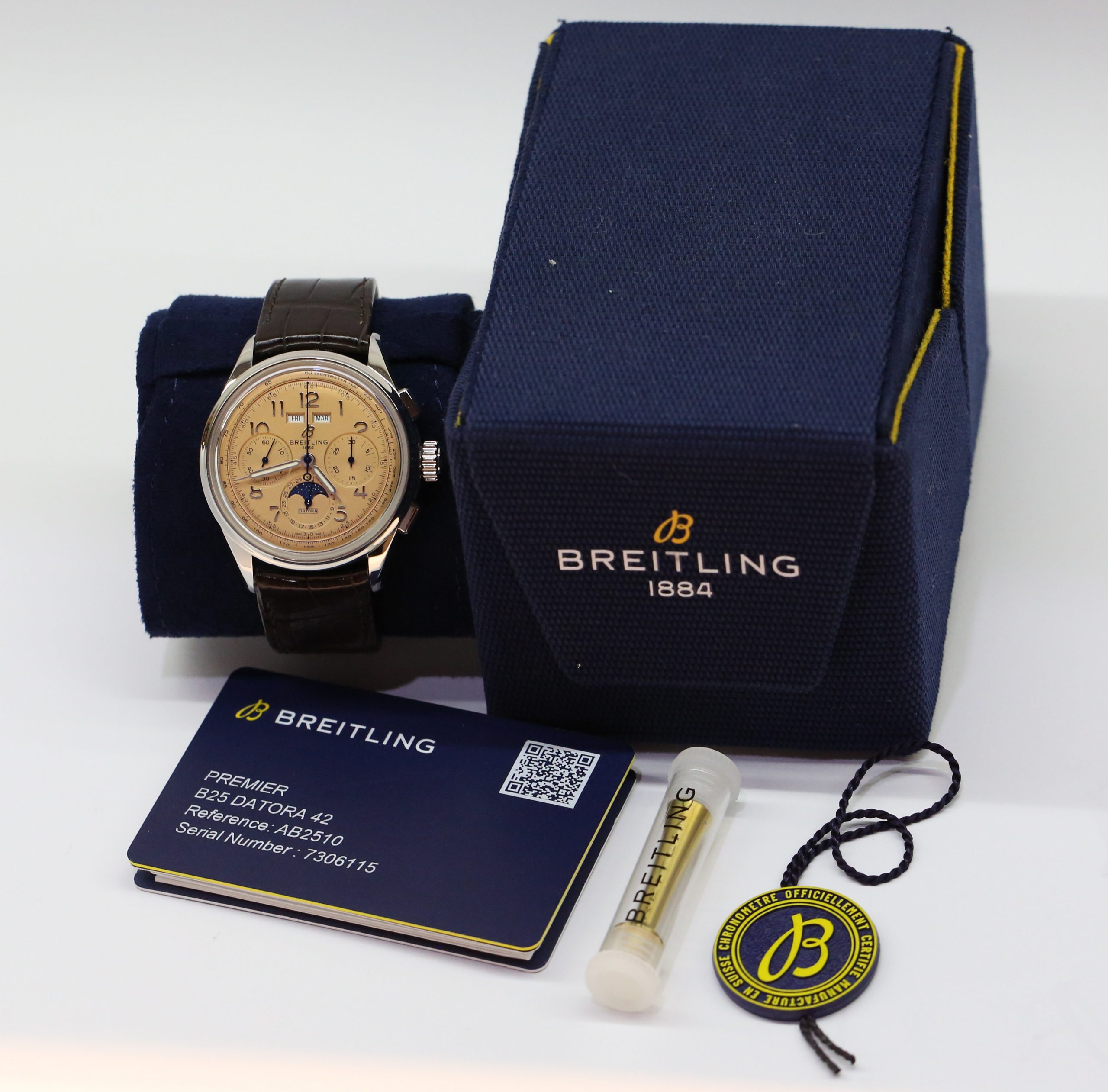 Breitling Premier B25 Datora 42 Chronograph Triple Date with Moon phase in Stainless Steel with Copper Arab Dial on Breitling Strap and Tang buckel. Ref. AB2510 Circa: 2021 Complete with Box and Papers - Image 7