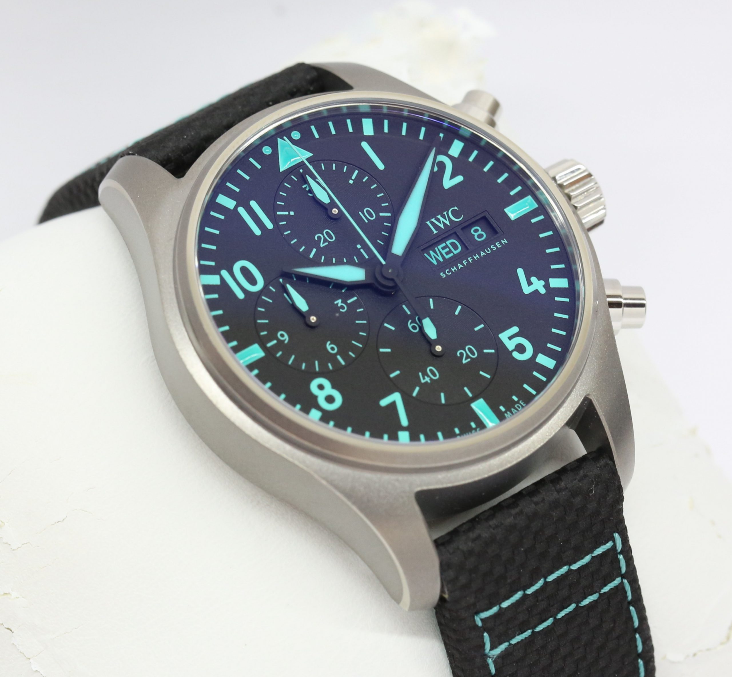 IWC Pilots Chronograph Online Exclusive Mercedes-AMG Petronas Formula One team Edition, Titanium Case on IWC Strap, Black Arab DIal, Reference IW388108, Circa 2022, Box & Papers