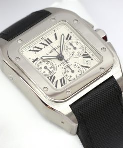 Cartier Santos 100 XL Chronograph in Stainless Steel, White Roman Dial, synthetic strap and Cartier deployant Clasp, Ref: 2740, Box and Papers, Circa: 2015*, Just Returned from Complete Cartier Service, Balance of Cartier Service Warranty