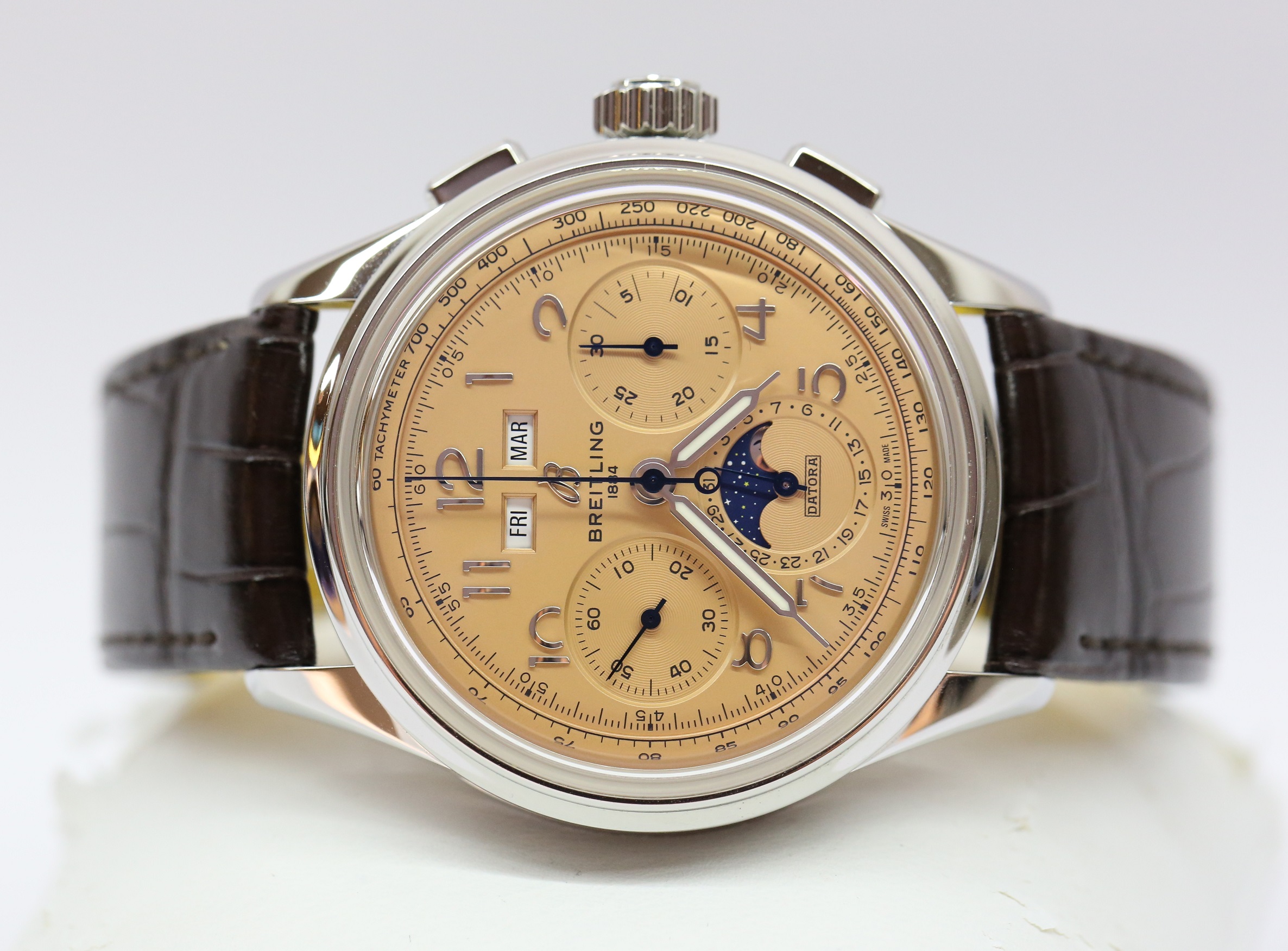 Breitling Premier B25 Datora 42 Chronograph Triple Date with Moon phase in Stainless Steel with Copper Arab Dial on Breitling Strap and Tang buckel. Ref. AB2510 Circa: 2021 Complete with Box and Papers - Image 3