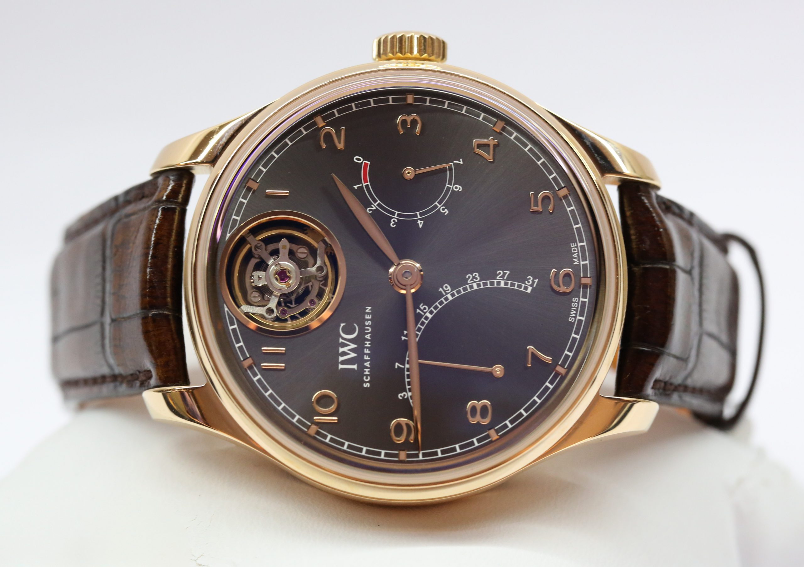IWC Portugieser Tourbillon Mystère Rétrograde in 18ct Rose Gold with Rodium Arabic Markers Dial and Tourbillon Display Window on IWC Brown Alligator strap with IWC 18ct Rose Gold Deployant Buckle Ref. IW504602 Circa: 2022 Complete with Box and Papers - Image 4
