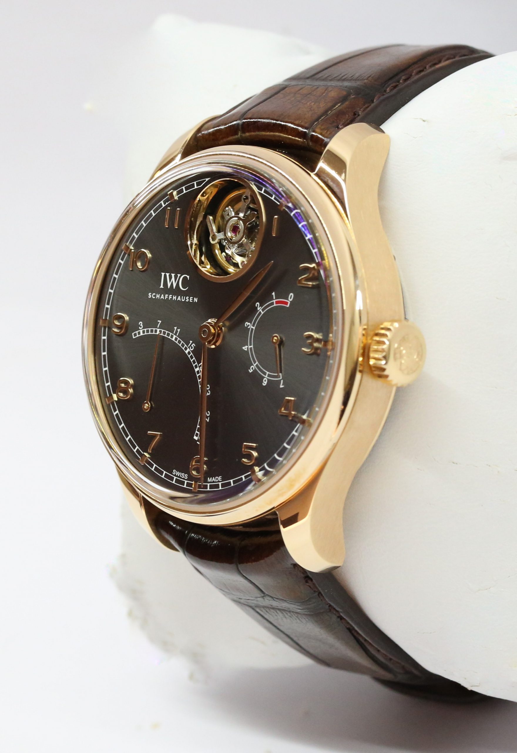 IWC Portugieser Tourbillon Mystère Rétrograde in 18ct Rose Gold with Rodium Arabic Markers Dial and Tourbillon Display Window on IWC Brown Alligator strap with IWC 18ct Rose Gold Deployant Buckle Ref. IW504602 Circa: 2022 Complete with Box and Papers - Image 2