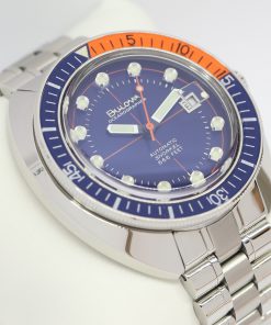 Bulova Devil Diver Oceanographer 44mm in stainless steel Blue index dial, Blue Orange bezel on a Bulova stainless steel bracelet. Ref: 96B321 Box and warranty card, Ca 2021