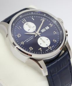 Hamilton Jazzmaster Maestro Chronograph in stainless steel Blue arab dial with white subdials on a blue leather band and Tang buckle. box, book and Warranty card. Ref: H327666, Ca. 2020