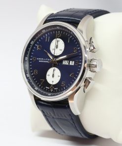 Alternative view of Hamilton Jazzmaster Maestro Chronograph in stainless steel Blue arab dial with white subdials on a blue leather band and Tang buckle. box, book and Warranty card. Ref: H327666, Ca. 2020
