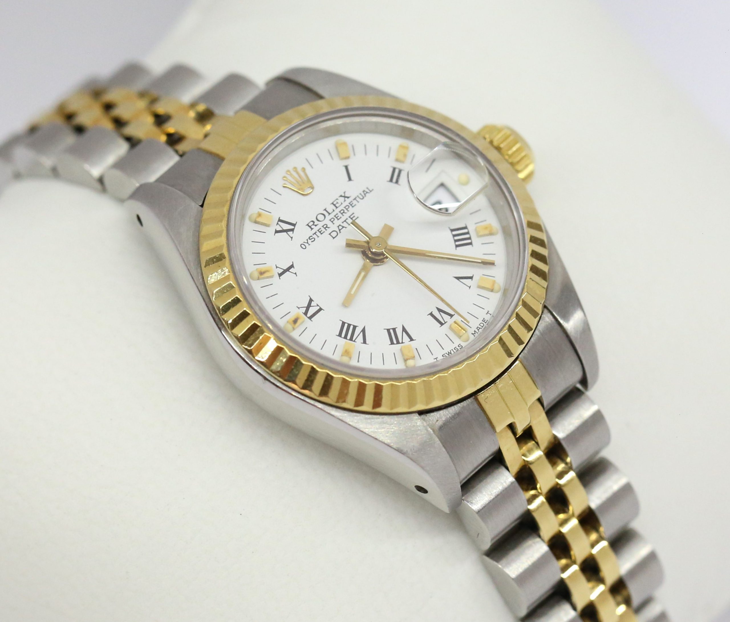 Rolex Lady Datejust 26 in Stainless Steel and 18ct Yellow Gold with White Roman Dial on Rolex Stainless Steel and 18ct Yellow Gold Jubilee Bracelet Ref. 69173 Circa: 1985, With Box and Swing Tag.