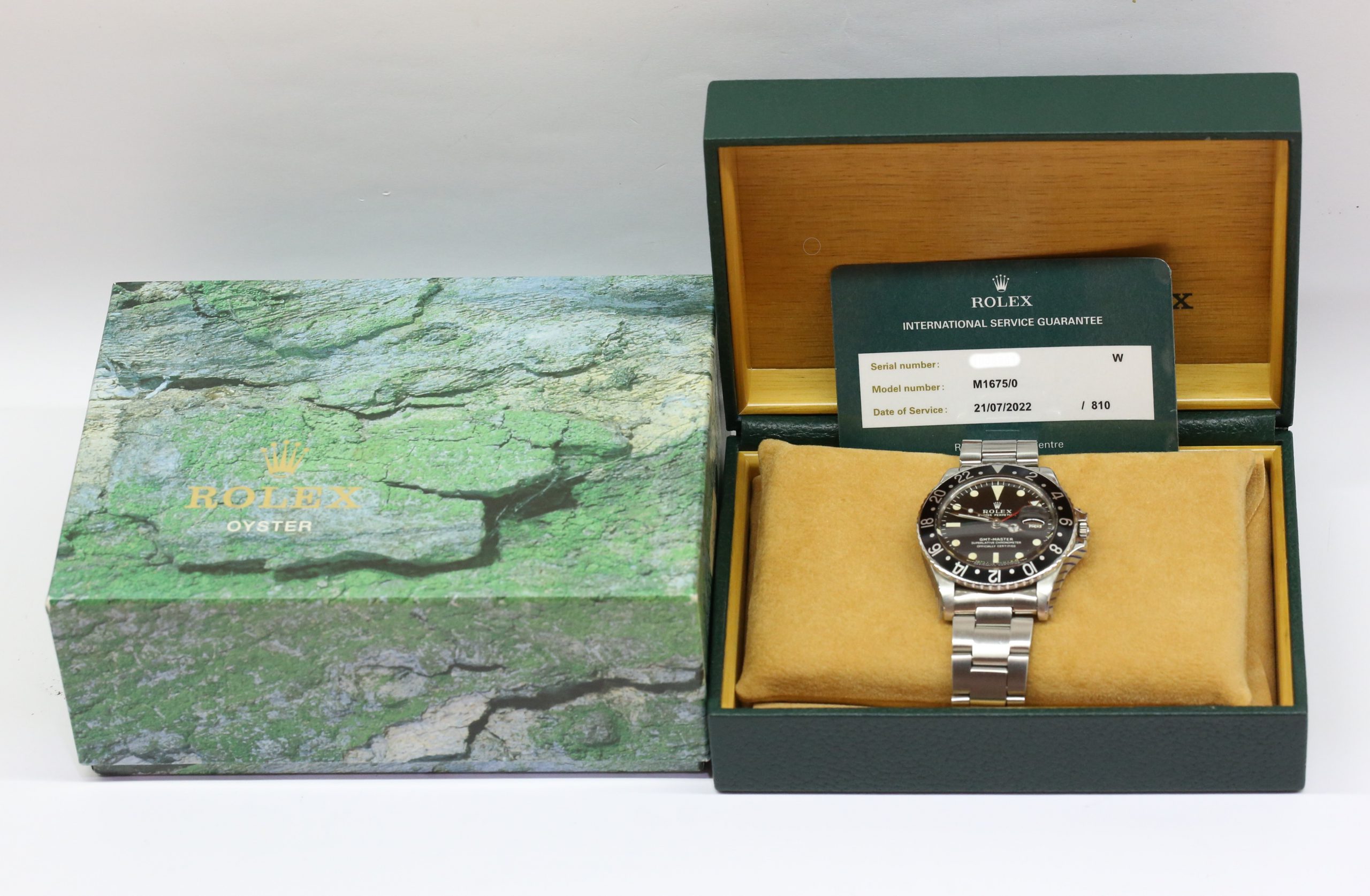 Rolex GMT Master, Stainless Steel, Black Bezel, Matte Black Tritium Index Dial on Rolex Oyster Bracelet, Reference 1675, Circa: 1969, with Box & Rolex Service Card - Image 8