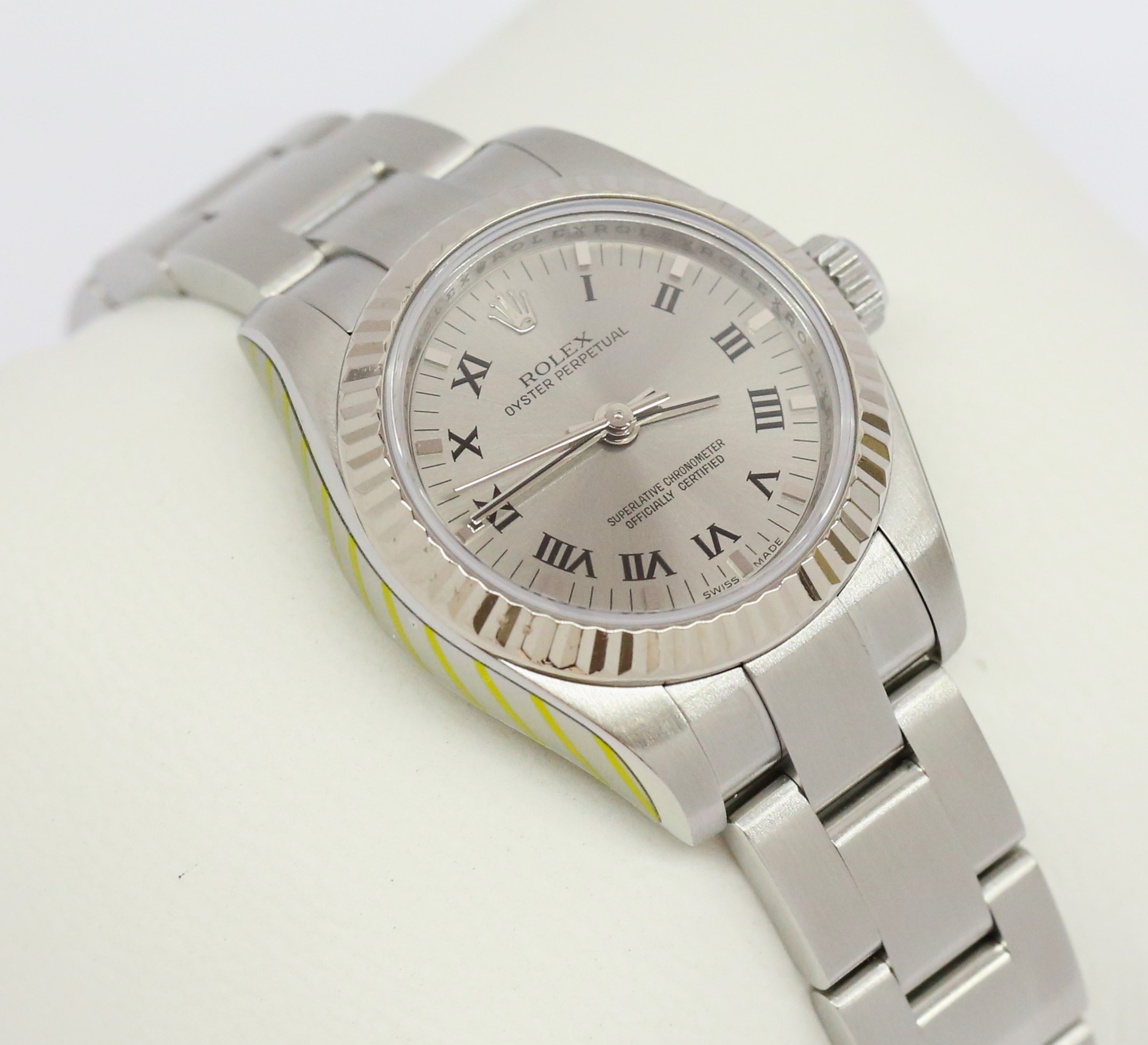 Rolex Oyster Perpetual 26mm, Stainless Steel with 18ct White Gold Fluted Bezel, Steel Roman Dial on Stainless Steel Rolex Oyster Bracelet, Reference: 176234. Circa: 2009, with Box & Papers, Just Serviced by Rolex