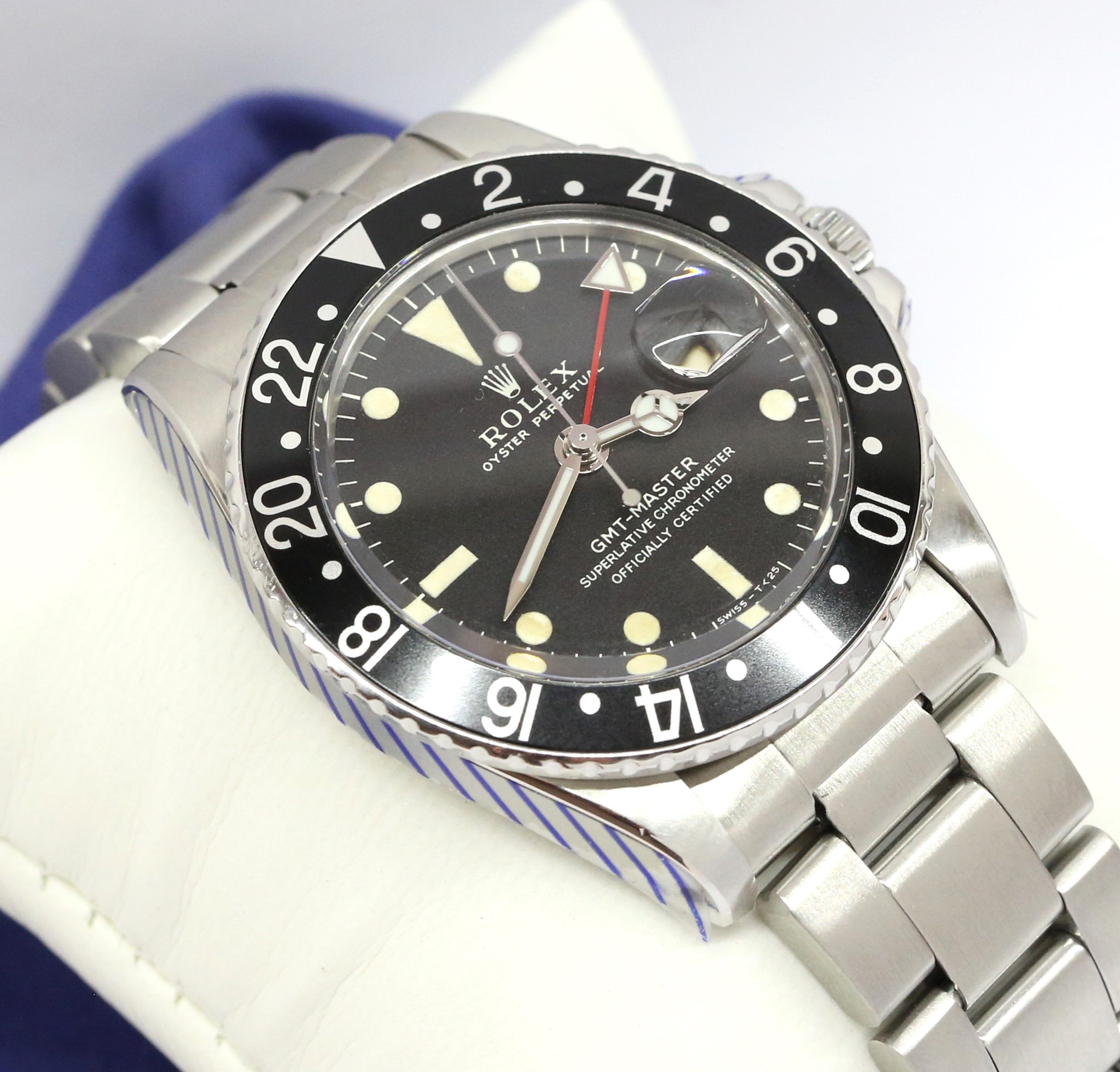 Rolex GMT Master, Stainless Steel, Black Bezel, Matte Black Tritium Index Dial on Rolex Oyster Bracelet, Reference 1675, Circa: 1969, with Box & Rolex Service Card