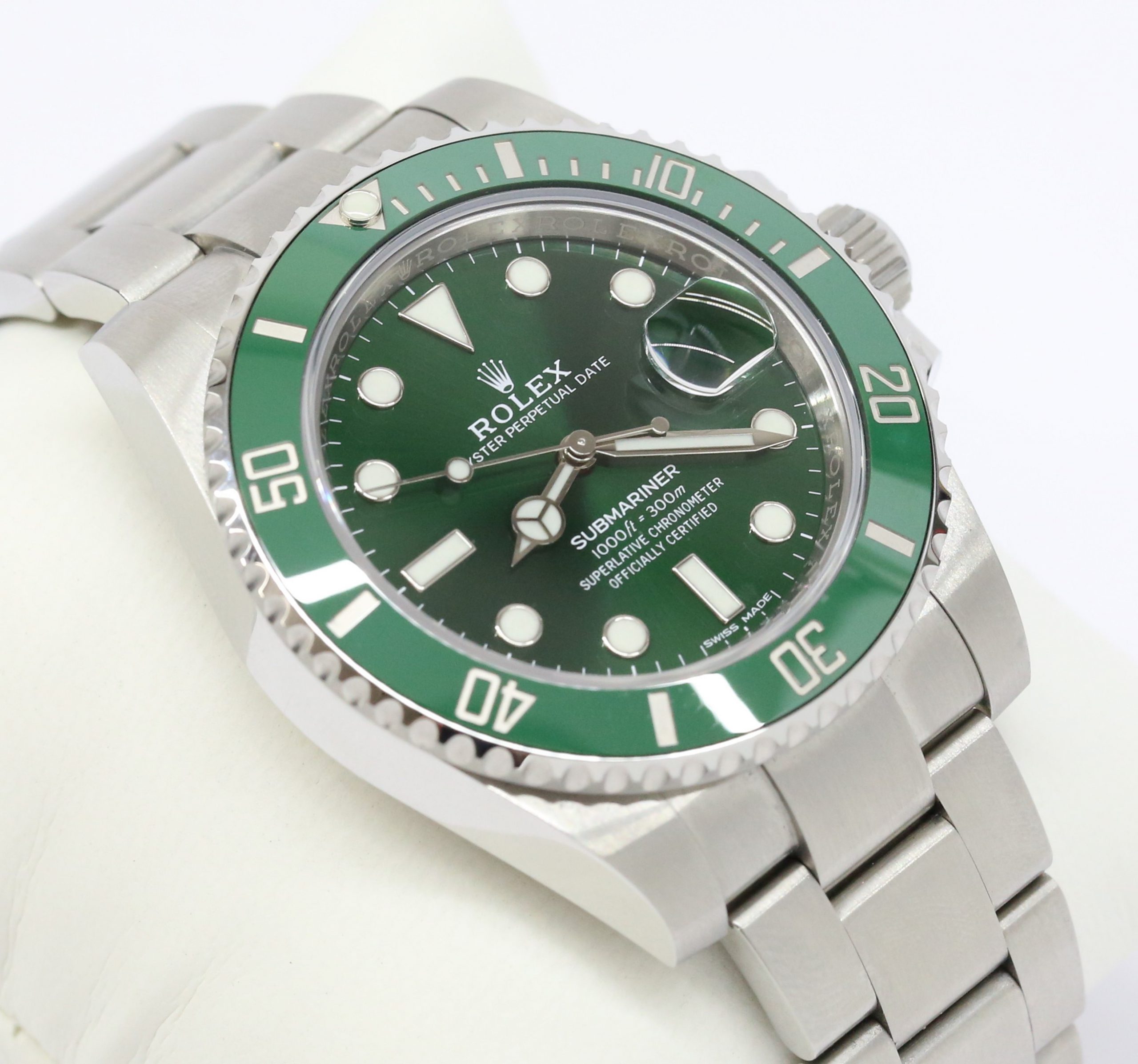 Rolex Submariner Date "Hulk" in Rolex Oystersteel ,Green Cerachrom bezel, Green dial, on Rolex Oystersteel bracelet, Reference 116610LV. Full set in like new condition ca. 2020