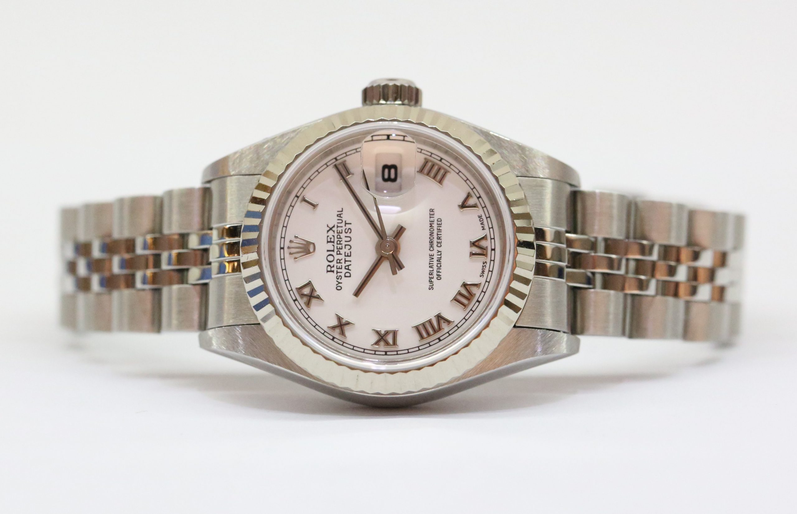 Rolex Datejust 26mm Stainless Steel with 18ct White Fluted Bezel, White Roman Dial, on Rolex Jubilee Bracelet, Reference 79174, Circa: 2000, Complete with Box & Papers - Image 3
