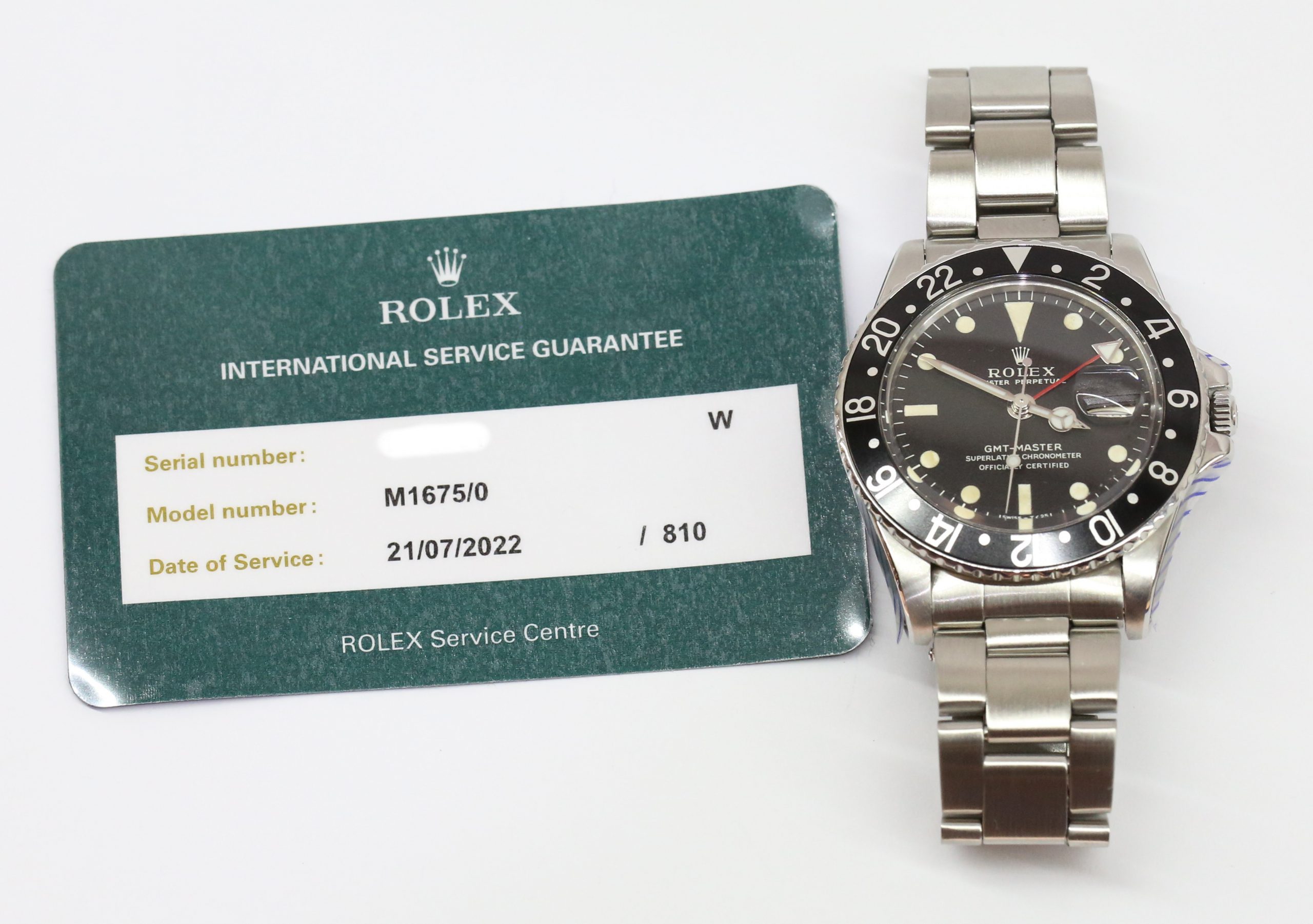 Rolex GMT Master, Stainless Steel, Black Bezel, Matte Black Tritium Index Dial on Rolex Oyster Bracelet, Reference 1675, Circa: 1969, with Box & Rolex Service Card - Image 7