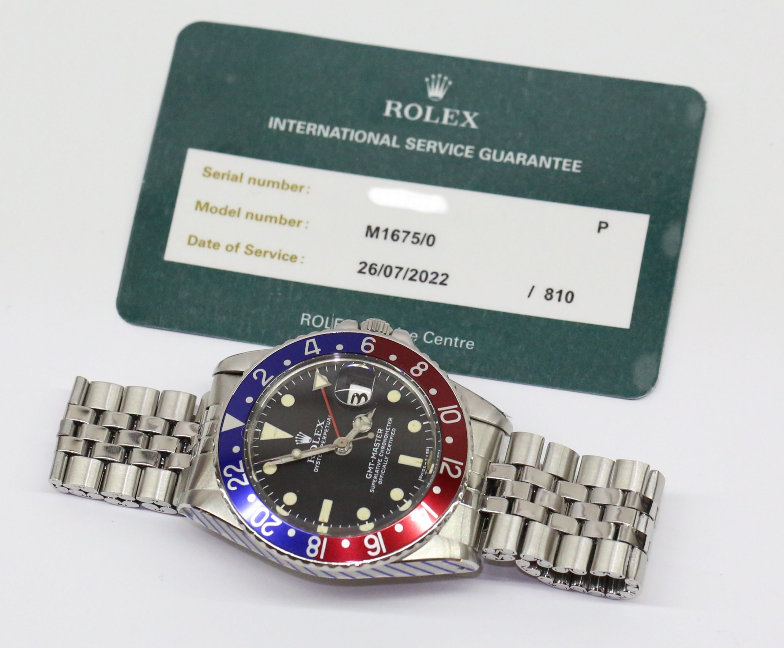 Rolex GMT Master in Stainless Steel, Matte Black Tritium Index Dial on Rolex Folded Link Jubilee Bracelet, Reference 1675, Circa: 1976, Just Serviced By Rolex, Comes with Box & Service Card - Image 3