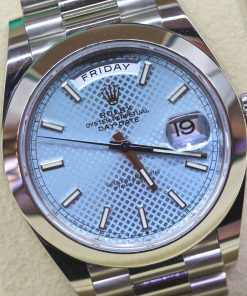 Rolex Oyster Perpetual Day-Date 40 in Platinum with Glacier blue dial, on a Platinum President Bracelet  Ref 228206, Ca.2021, Complete with Box, Book and Rolex Warranty Card.
