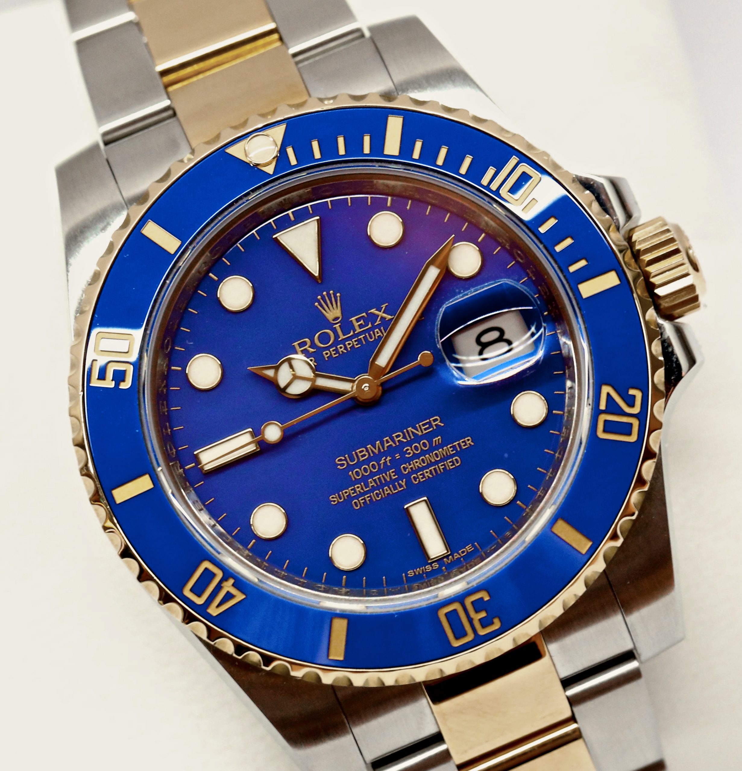 Rolex Submariner Date in stainless steel and 18ct yellow gold, blue index dial and blue Ceramic bezel, Steel and 18ct Yellow Gold Oyster bracelet. Ref: 116613LB, Box and Papers Ca.2013 Serviced by Rolex in 2020