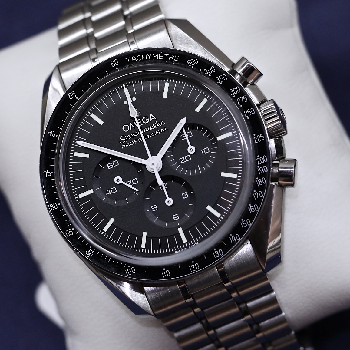 Omega Speedmaster Professional Moonwatch, Black Index Dial on Omega Stainless Steel Bracelet, Reference: 31030425001002, Complete with Box, book and Omega Warranty cards. Circa: 2022