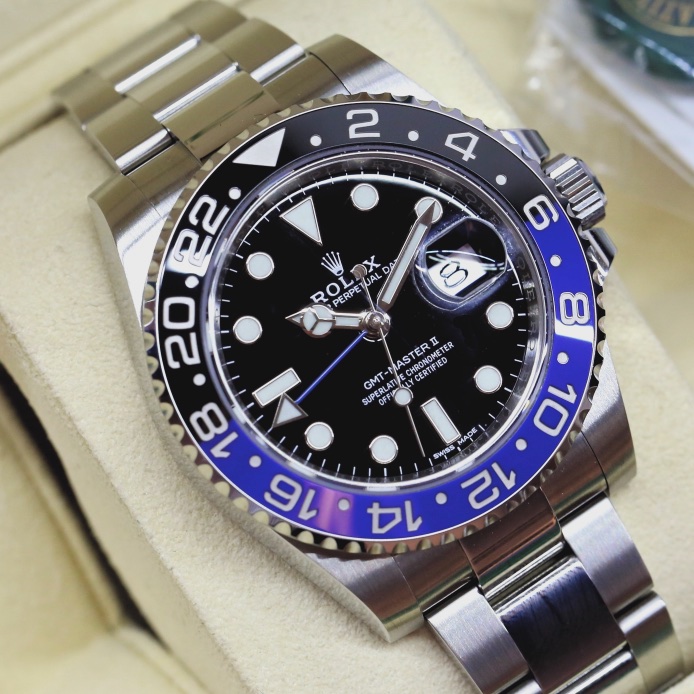 Rolex GMT Master II Stainless Steel, Black Index Dial, "Batman" Blue Black Ceramic Bezel on Oystersteel Bracelet, Ref 116710BLNR, Circa: 2018, Complete with Box & Papers