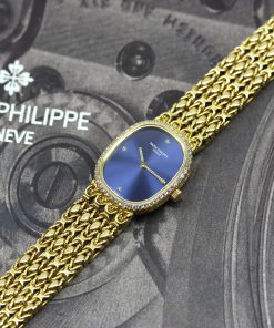 Alternative view of Patek Philippe Ladies Ellipse 18ct Yellow Gold, Blue Diamond dial and Diamond bezel on a Patek Philippe 18ct integrated Bracelet.  Ref: 4698/001 Ca. 1995 with Papers