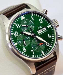 Alternative view of IWC International Watch Co of Schaffhausen Pilots chronograph with green dial, Ref IW388103 Ca 2022 full set."RRP $11,400"