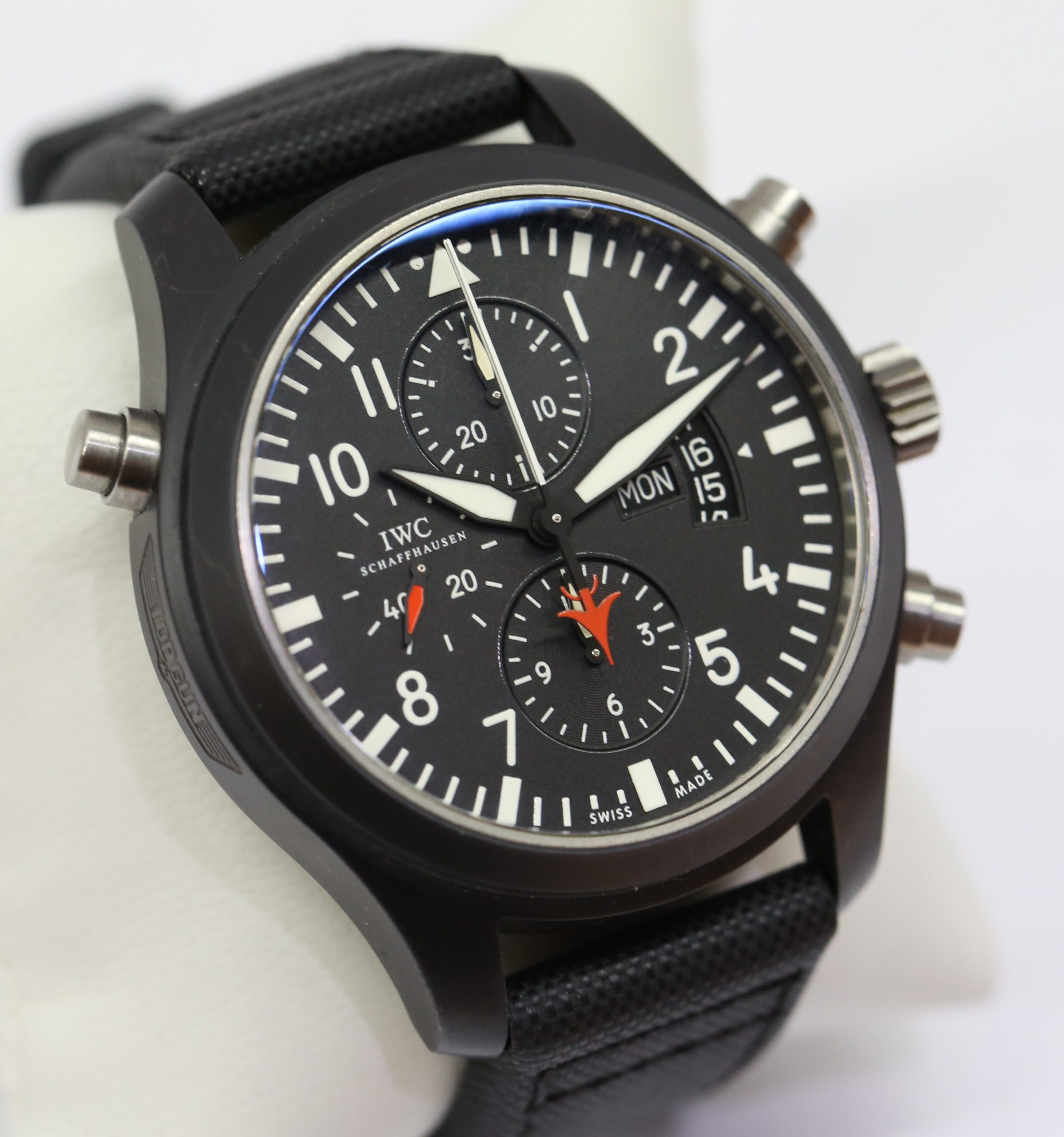 IWC Pilot Split Second Chronograph "Top Gun", Ceramic case, Black Arab dial & sub dials, on IWC textile strap with tang buckle, box & papers, Ref. IW379901 - Image 4