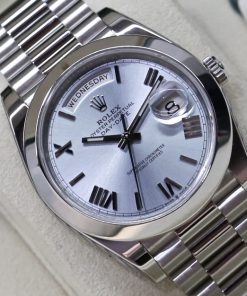 Rolex Oyster Perpetual Day-Date 40 in Platinum with Ice Blue Roman dial, on a Platinum President Bracelet Ref 228206. Ca. 2018, Complete with Box, Book and Rolex Warranty Card.