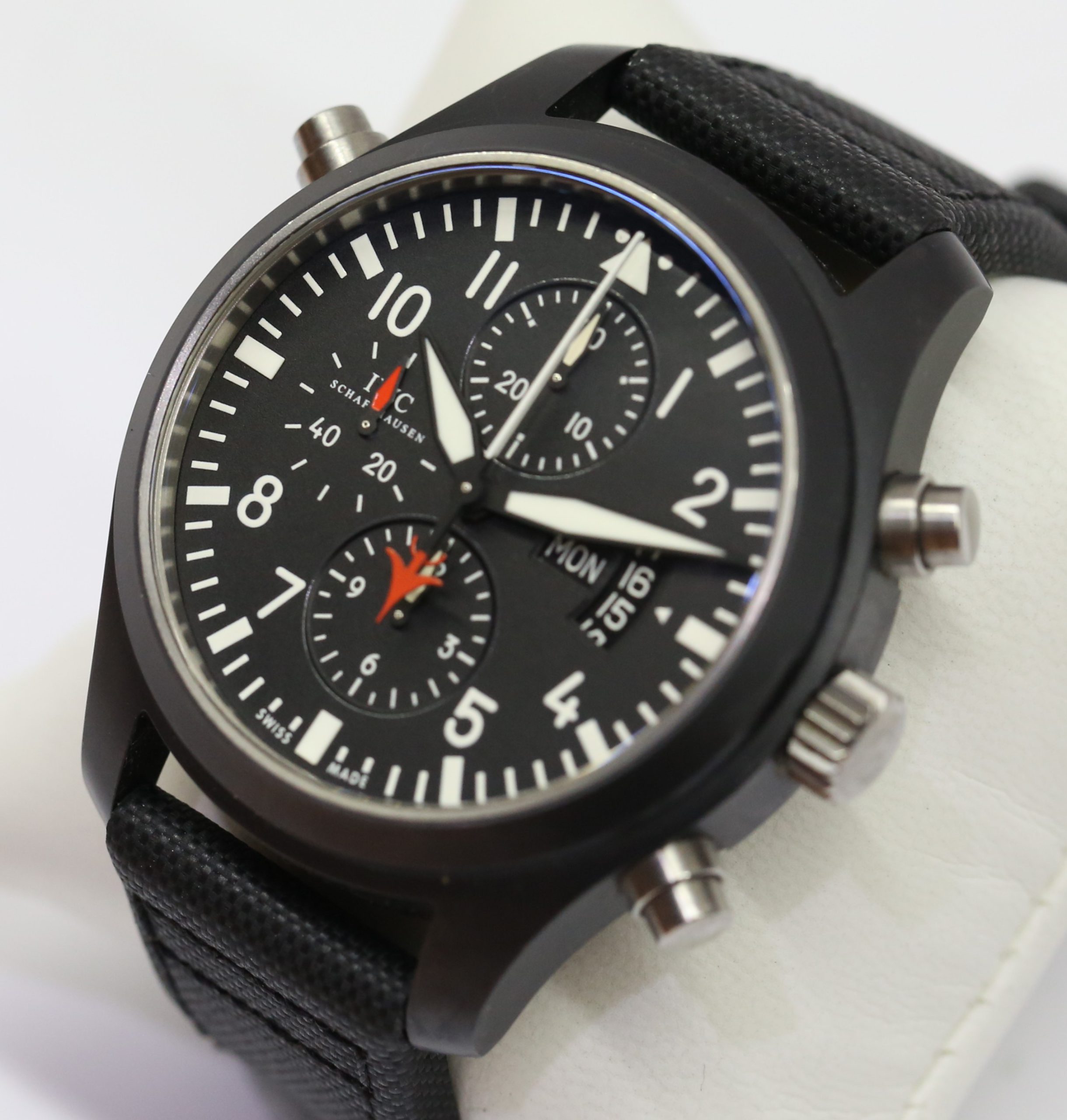 IWC Pilot Split Second Chronograph "Top Gun", Ceramic case, Black Arab dial & sub dials, on IWC textile strap with tang buckle, box & papers, Ref. IW379901 - Image 2