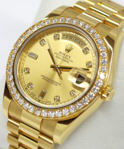 Alternative view of Rolex Oyster Perpetual Day-Date II in 18ct Yellow Gold on a 18ct Yellow Gold President Bracelet, Champagne diamond dial and factory Diamond bezel , Reference: 218348, Ca. 2010, complete with box, book and Rolex Warraty card.