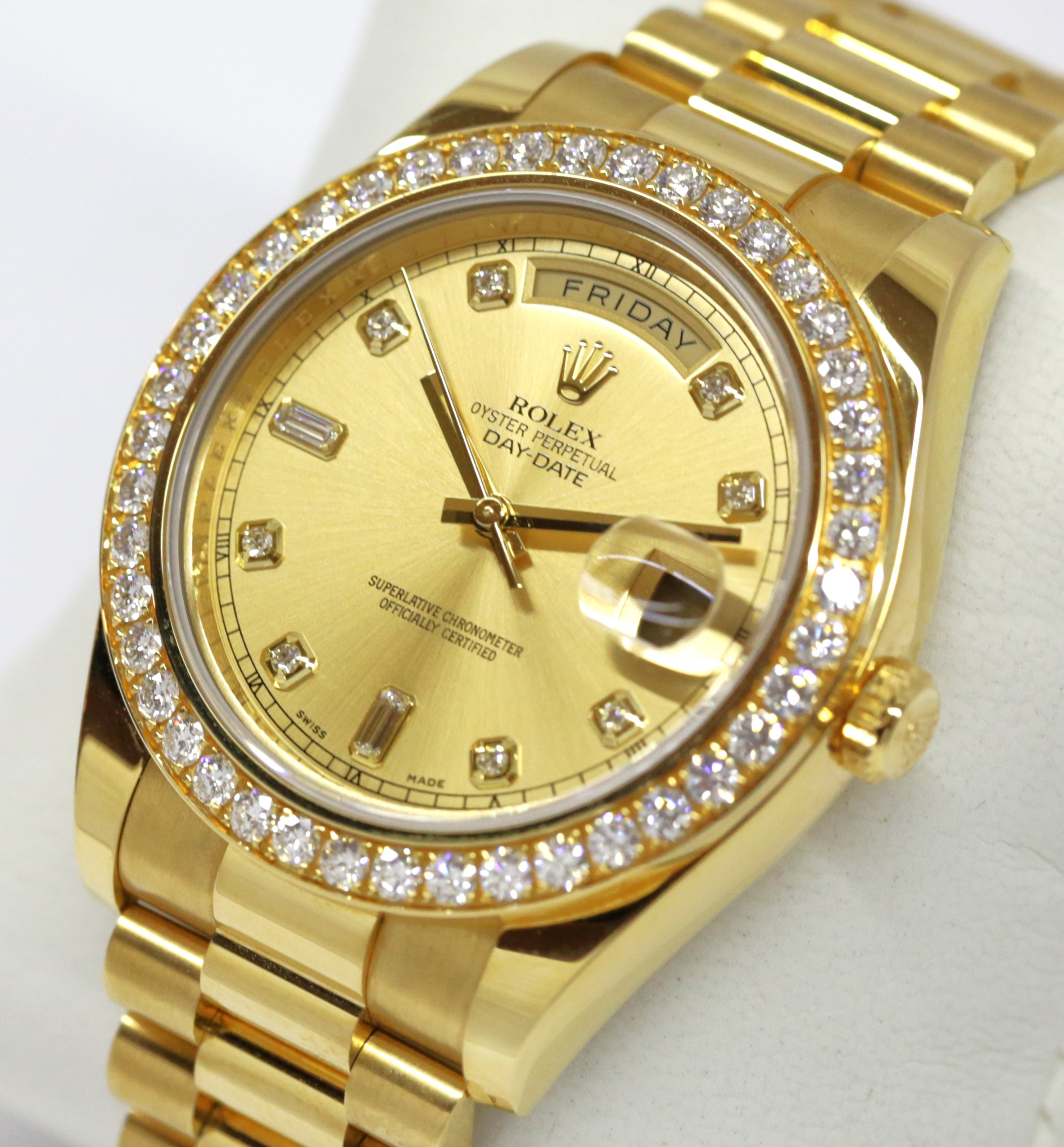 Rolex Oyster Perpetual Day-Date II in 18ct Yellow Gold on a 18ct Yellow Gold President Bracelet, Champagne diamond dial and factory Diamond bezel , Reference: 218348, Ca. 2010, complete with box, book and Rolex Warraty card. - Image 2