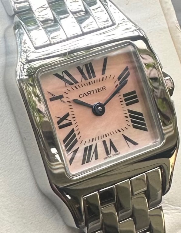 Cartier Santos Demoiselle, Stainless Steel, Mother of Pearl Roman Dial & Blue Sword-Shaped Hands, Stainless Steel Cartier Bracelet, Ref. W25075Z5, Ca. 2007, with Box & Book