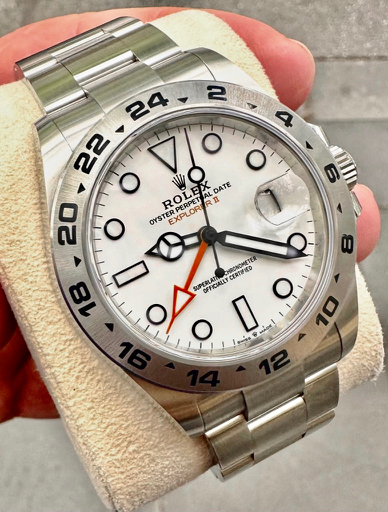Rolex Oyster Perpetual Explorer II Polar ref 226570, sold new in 2021 full set, 42mm in diameter.