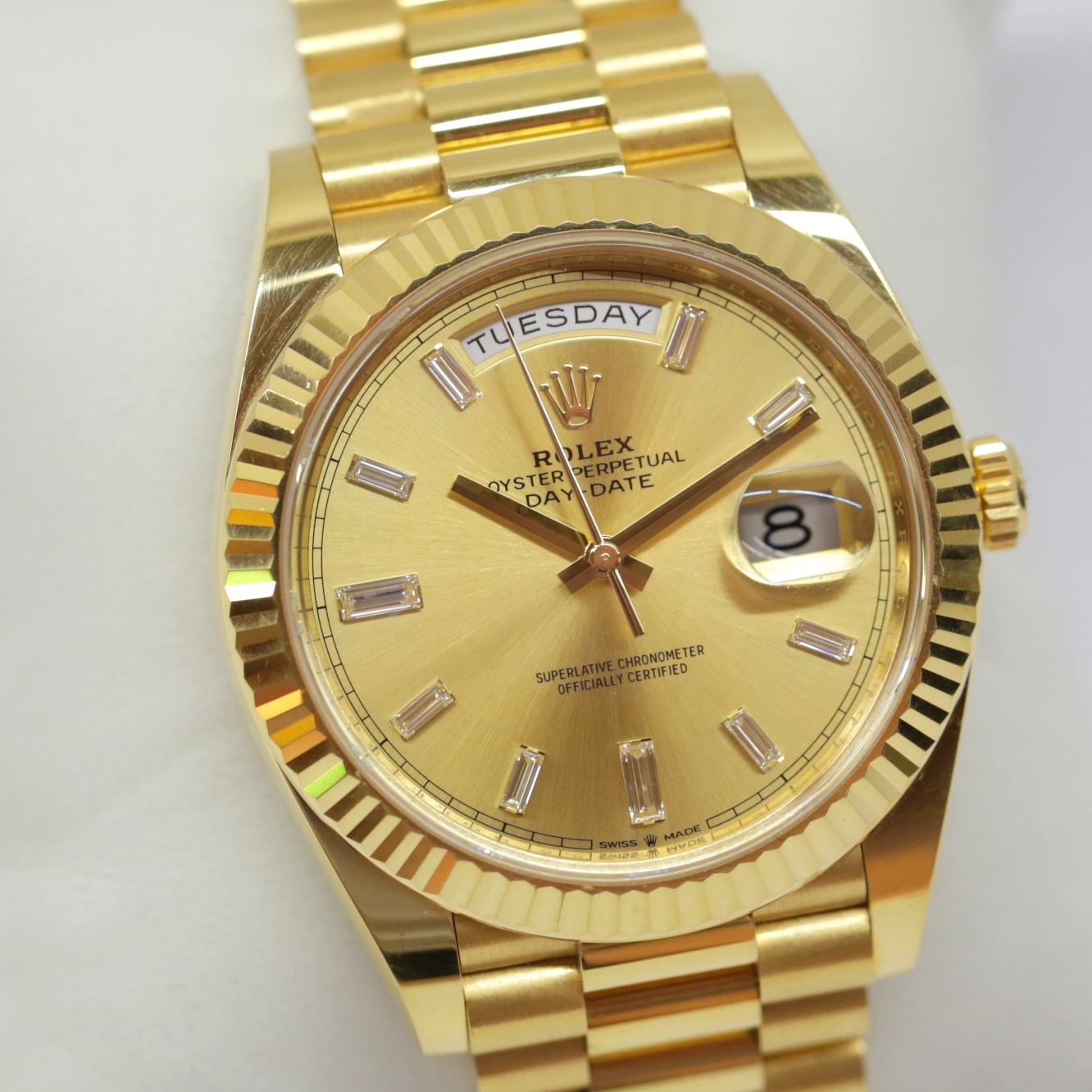 Rolex Oyster Perpetual Day-Date 40 in 18ct Yellow Gold, Champagne Dial with Factory set Baguette Diamonds, 18ct Yellow Gold Rolex President bracelet, Ref. 228238, Ca. 2020 - Image 6