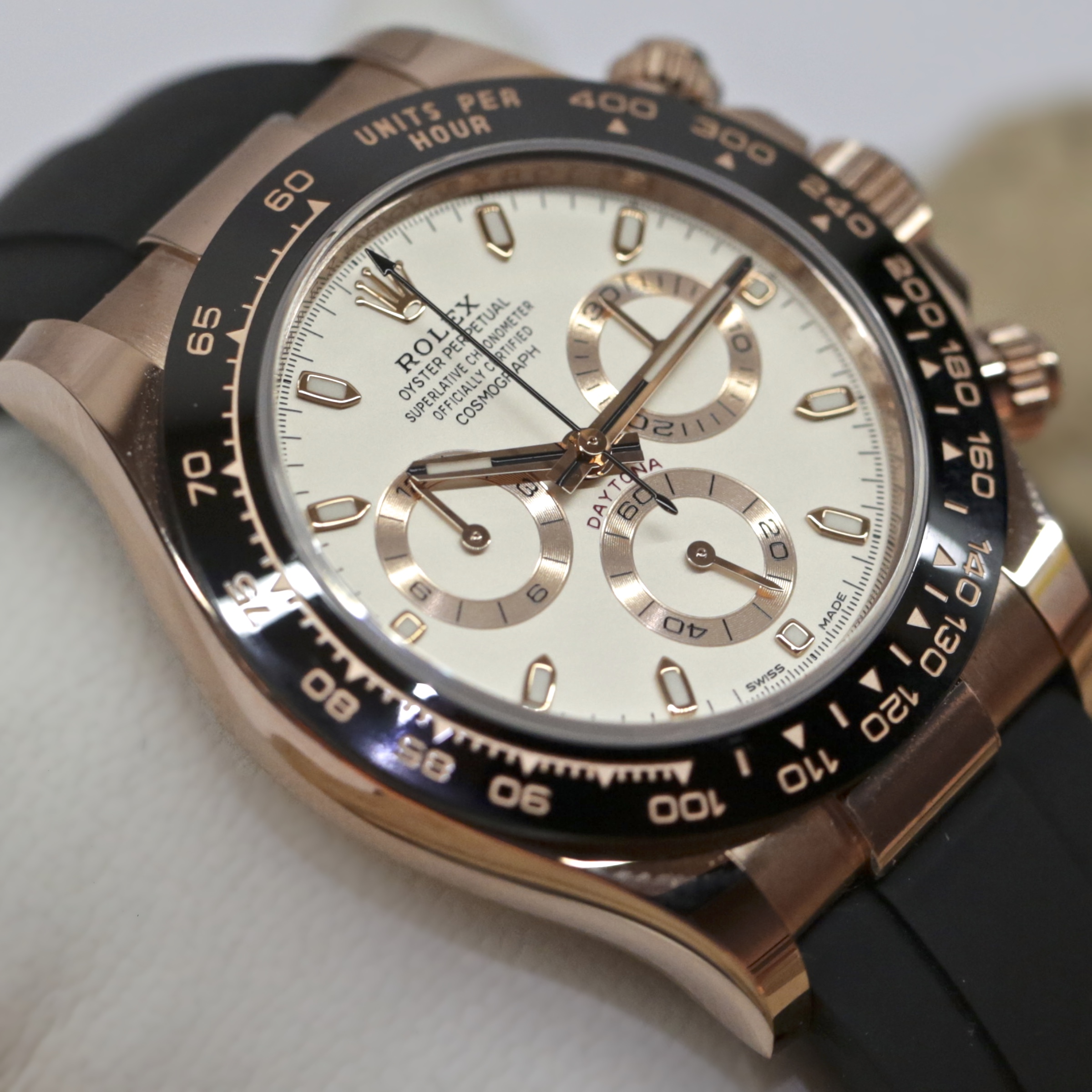 Rolex Oyster Perpetual Daytona Cosmograph, 18ct Everose gold, Ivory Index dial on a Rolex Oysterflex Band and 18ct Everose gold Deployant. Ref 116515LN Ca 2021. Full set