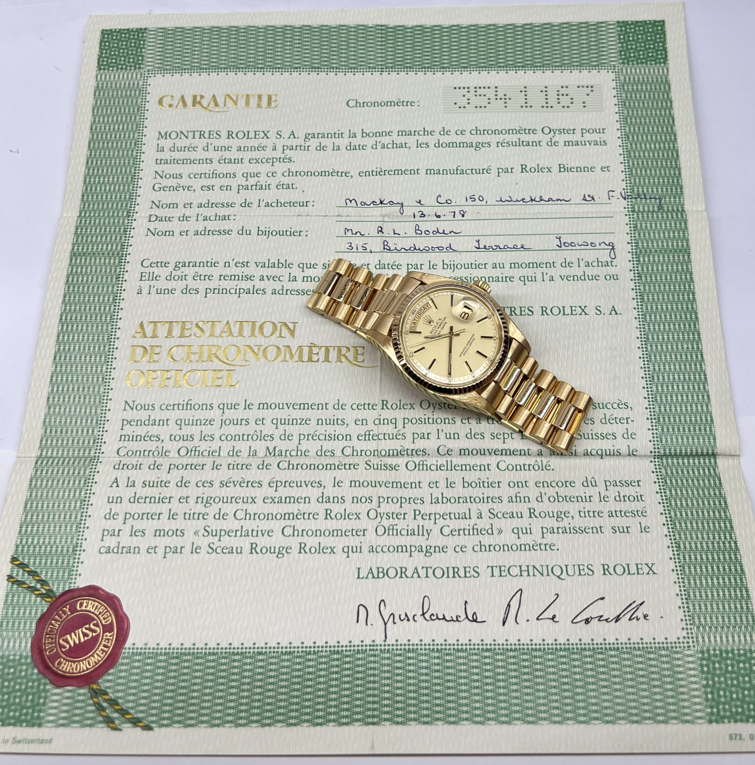 Rolex Oyster Perpetual Day Date 18ct Yellow Gold, Factory Matte Champagne index Dial, 18ct Yellow Gold President Bracelet,Ref: 1803, Circa: 1978, Just returned from Rolex Australia Service with 2 years Warranty. - Image 7