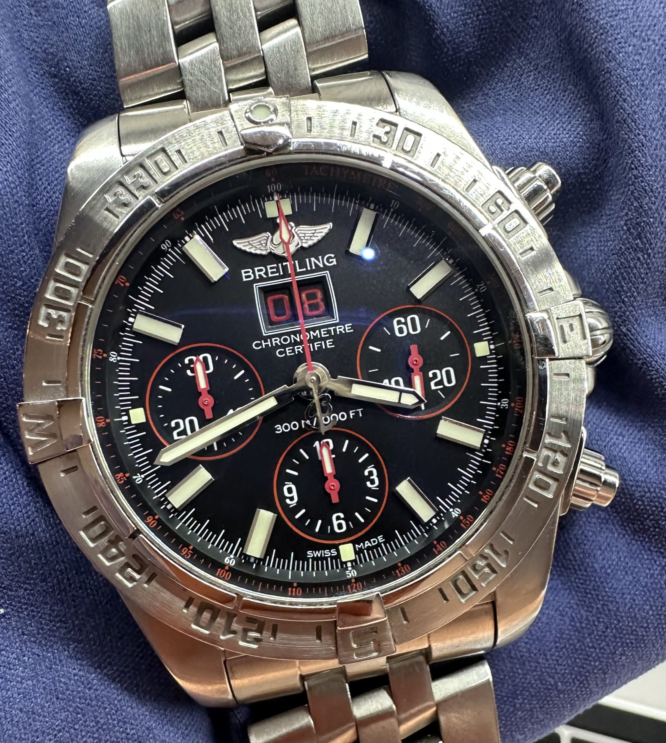 Breitling Black Bird Big Date Chronometer Chronograph REF A44359, with box and papers, Ca 2012. 1 only at $3,960!!