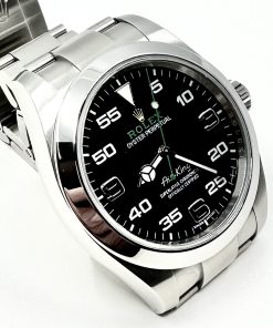 Rolex Airking in stainless steel, Black Arab 3,6, 9 - 60 minute dial, on a Rolex Oystersteel bracelet with original box.