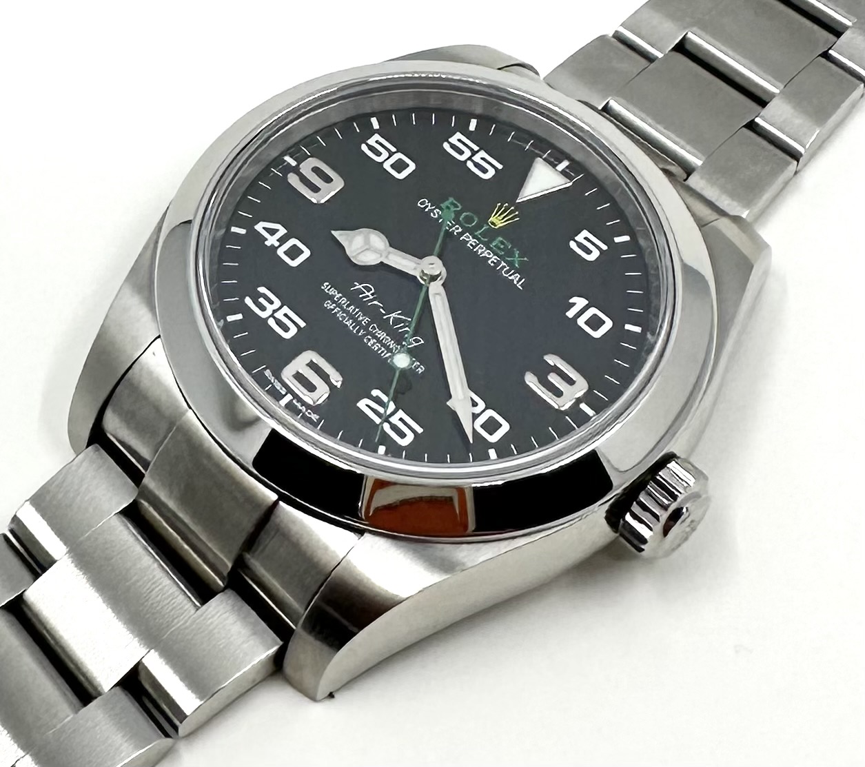 Rolex Airking in stainless steel, Black Arab 3,6, 9 - 60 minute dial, on a Rolex Oystersteel bracelet with original box. - Image 2
