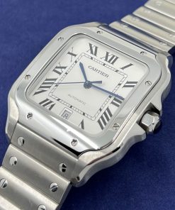 Alternative view of Cartier Santos de Cartier Watch, Large model, in Stainless Steel, Silver Roman Dial with Blue- Sword Shaped Hands on Stainless Steel Cartier Bracelet, Ref.WSSA0009, Circa: 2018, with Box & Warranty Card