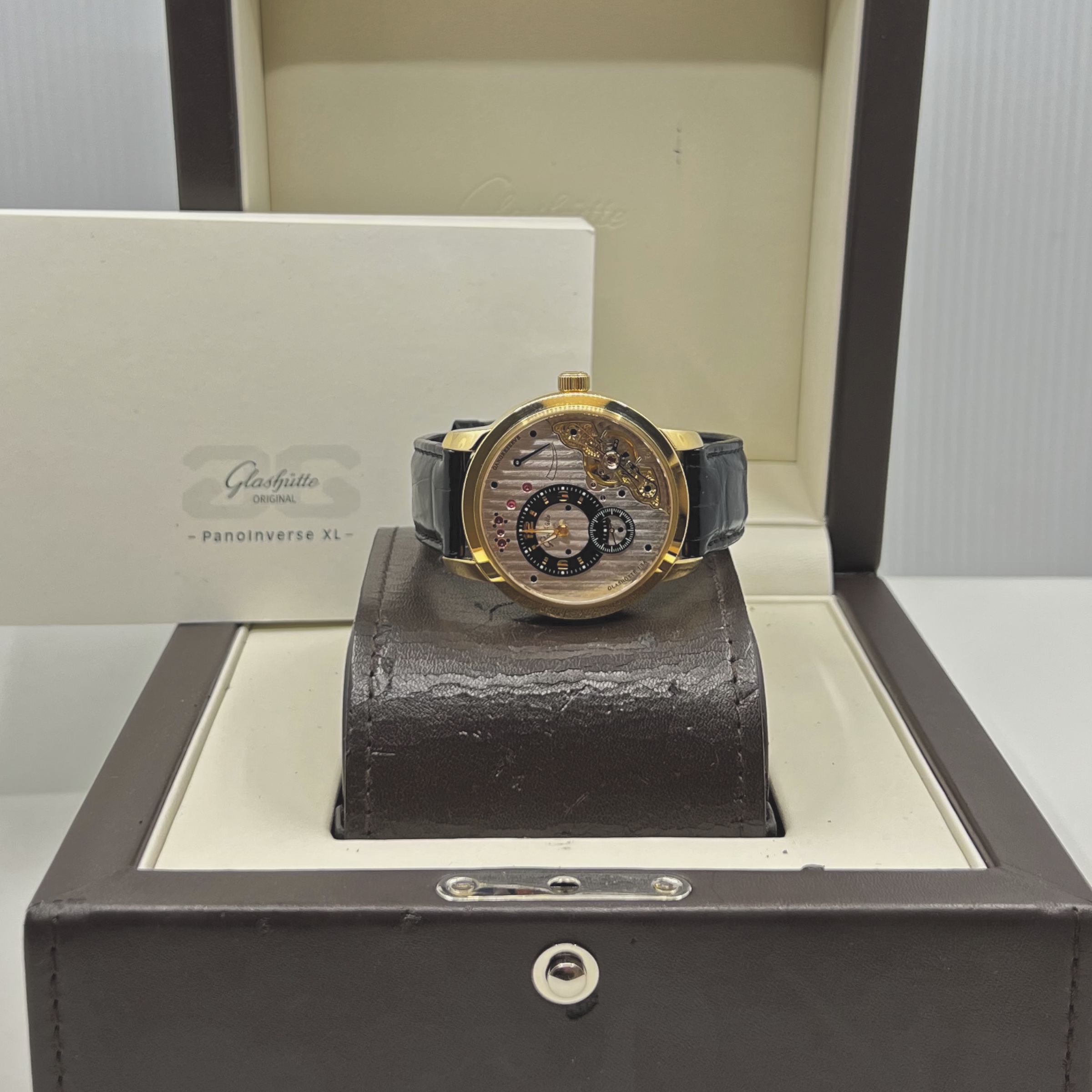 Glashutte Original PanoInverse XL, in 18ct Yellow Gold, Black Arab Dial with sub dials at 6, black Glashutte Original crocodile strap with 18ct Yellow Gold Glashutte Original Deployant, Ref. 661010105, Circa: 2013, Complete Box & Book, - Image 7