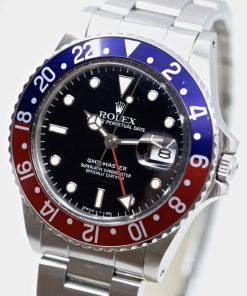 Alternative view of Rolex Oyster Perpetual GMT Master in Stainless steel Black Index Dial and a "Pepsi" Blue / Red Bezel, Rolex stainless steel Oyster Bracelet. Ca 1986 Watch Only.