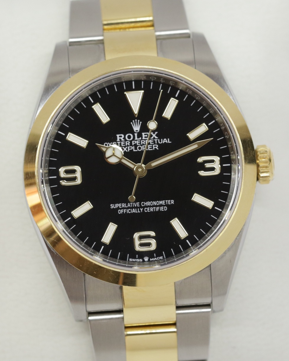 Rolex Oyster Perpetual Explorer 1, steel and 18ct yellow gold, Ref 124273, Ca 2022 full set.$15,400 - Image 3